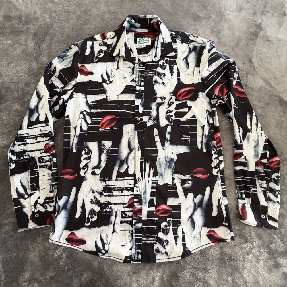 Fresh Prints of Bel-Air Men's Graphic Black White Red Button-Up Shirt Long Slee…